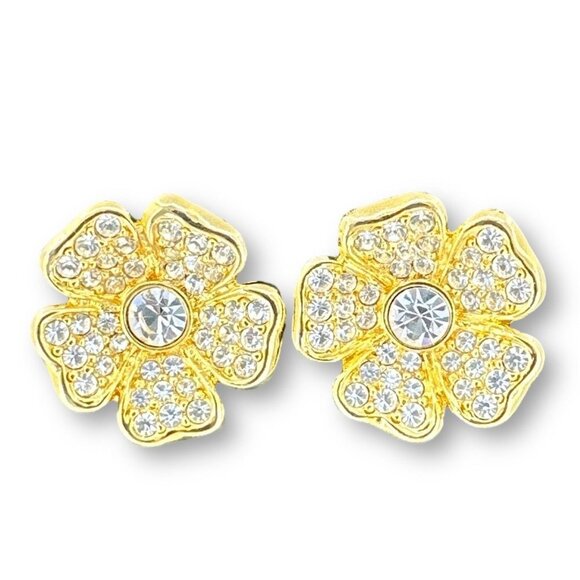 JOAN RIVERS Clip On Earring Gold Plated Rhinestone Flower Floral - Picture 1 of 8